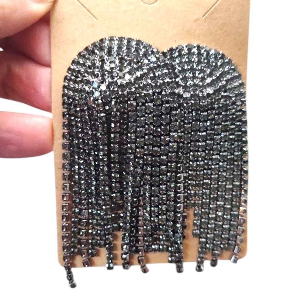 Sparkling Silver/Black Rhinestone Fringe Earrings